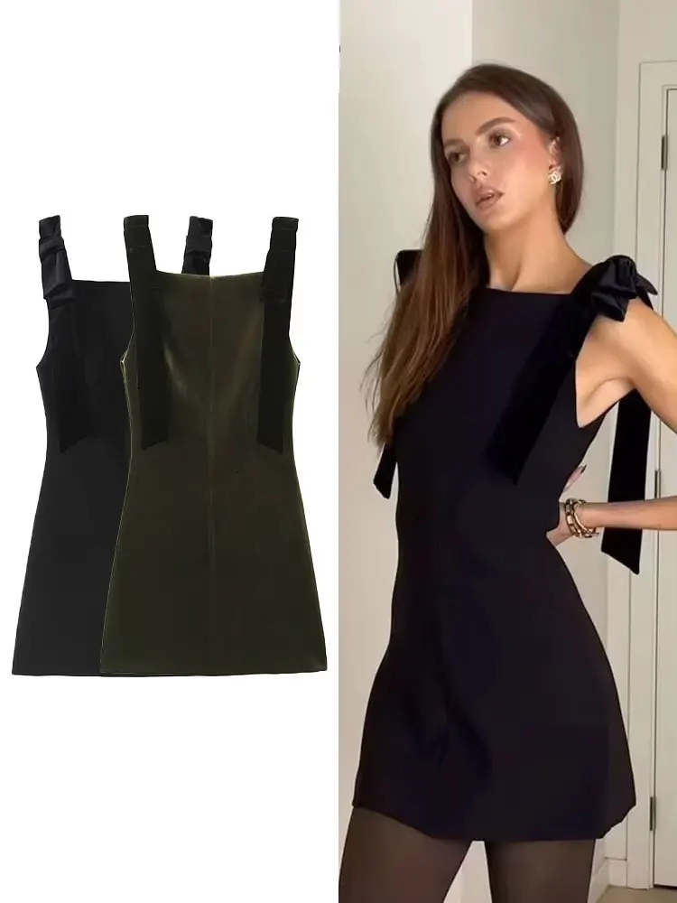 HH Female Elegant Midi Suspender Dress Sleeveless Back Zipper Slim 3D Bow Design Evening Women\'s Party Vintage Dresses Mujer