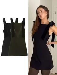 HH Female Elegant Midi Suspender Dress Sleeveless Back Zipper Slim 3D Bow Design Evening Women's Party Vintage Dresses Mujer