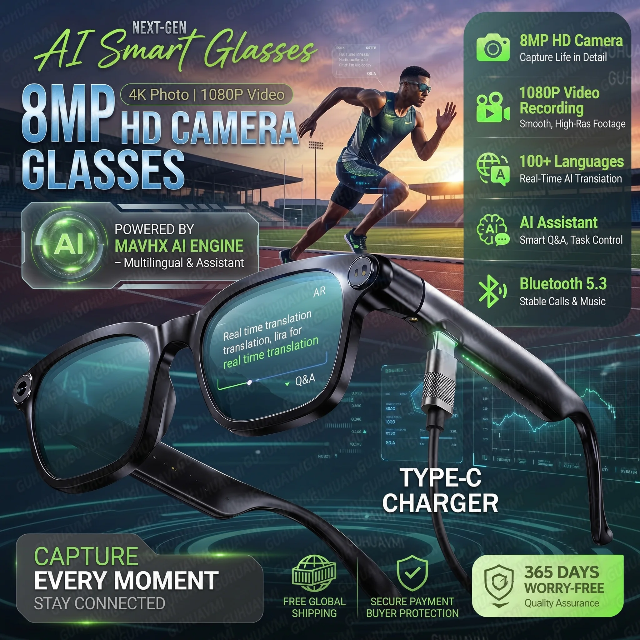 

2026 New Smart AI POV Glasses 1080P Video Record 800W Pixel Camera ChatGPT Translation Music Audio Sports Travel Sunglasses Men