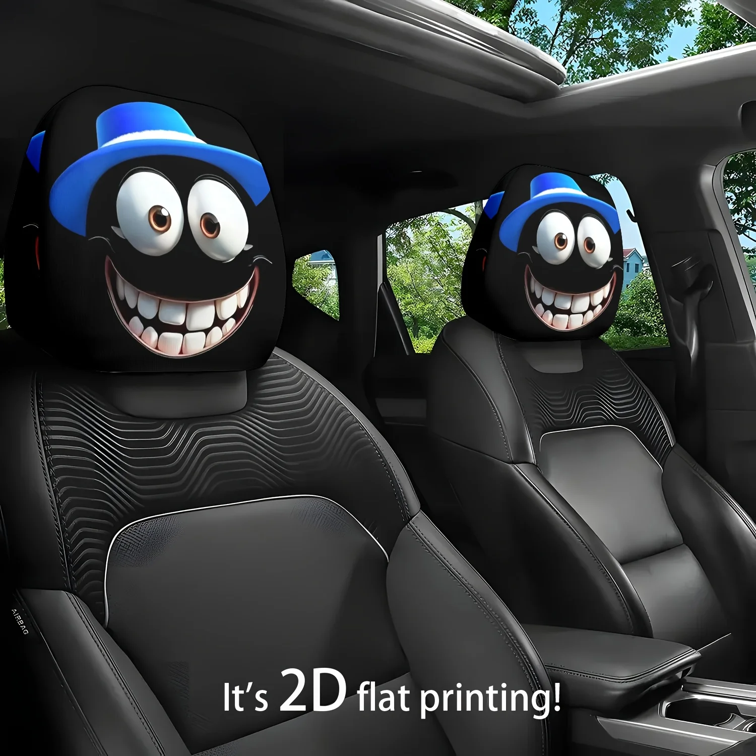 2pcs Classic Cartoon Blue Hat Smiley Face Themed Printed Car Seat Cushion Headrest Neck Pillow Cover - Featuring a Cute Design