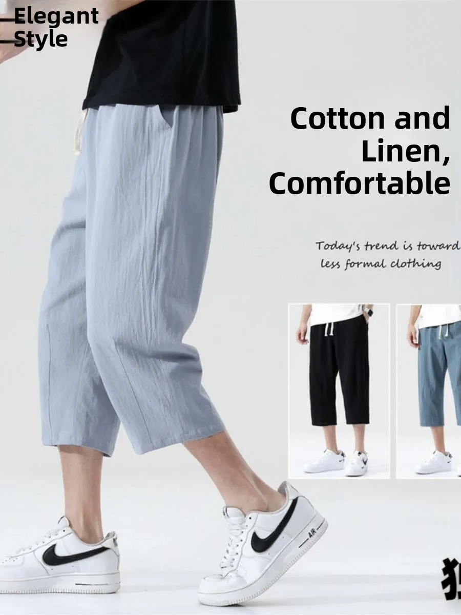 

Summer Casual Cotton Linen Loose Straight Leg Pants Men's mid Waist Seven Foot Length Thiened Fce Pure Color Trousers