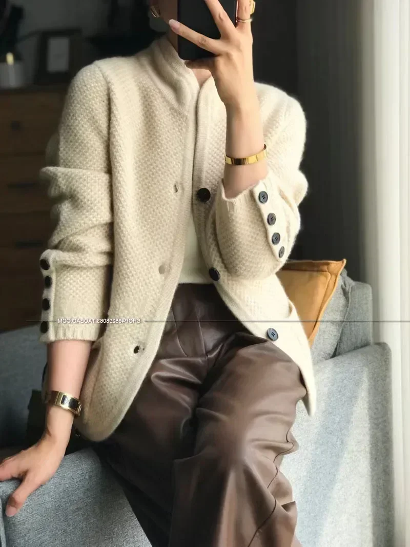 Autumn winter new thickened 100% pure sweater loose knit base sweater jacket cashmere cardigan women stand neck sweater