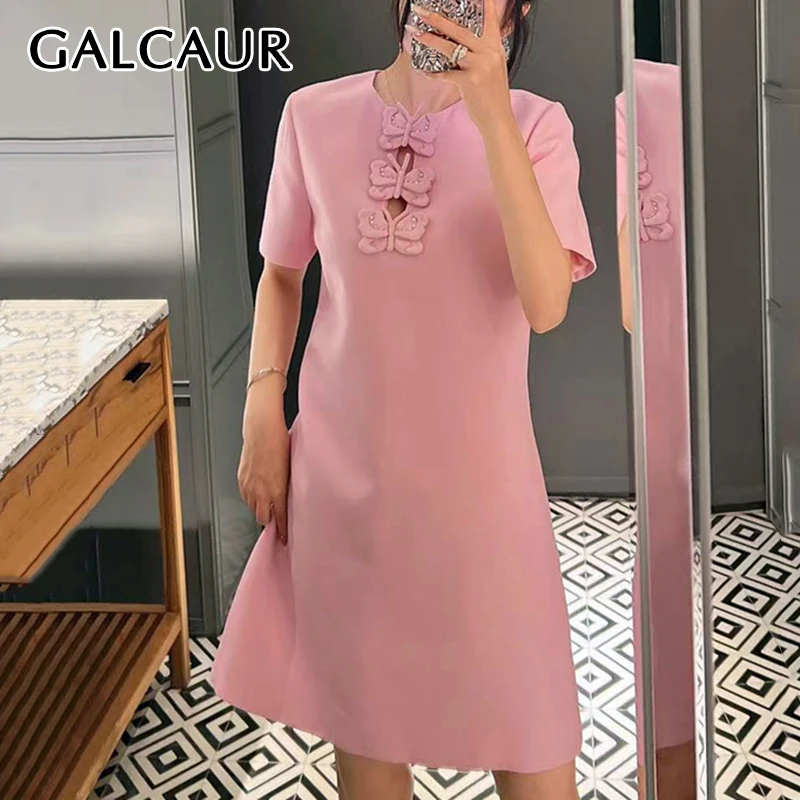 

GALCAUR Pink Color Women Mini Dress O Neck Bow Decoration Hollow Out Design Short Sleeve Elegant Summer New Style Skirt Female
