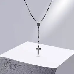 Vnox Cross Rosary Necklaces for Women, Hollow Cross Maria Pendant, Stainless Steel Christ Jesus Prayer Jewelry