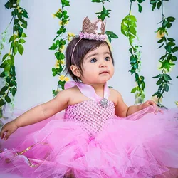 Cute Baby Pink Dress Infant Girls Crochet Tulle Tutu Dresses with Flower Hairbow Newborn 1st Birthday Party Photography Costumes