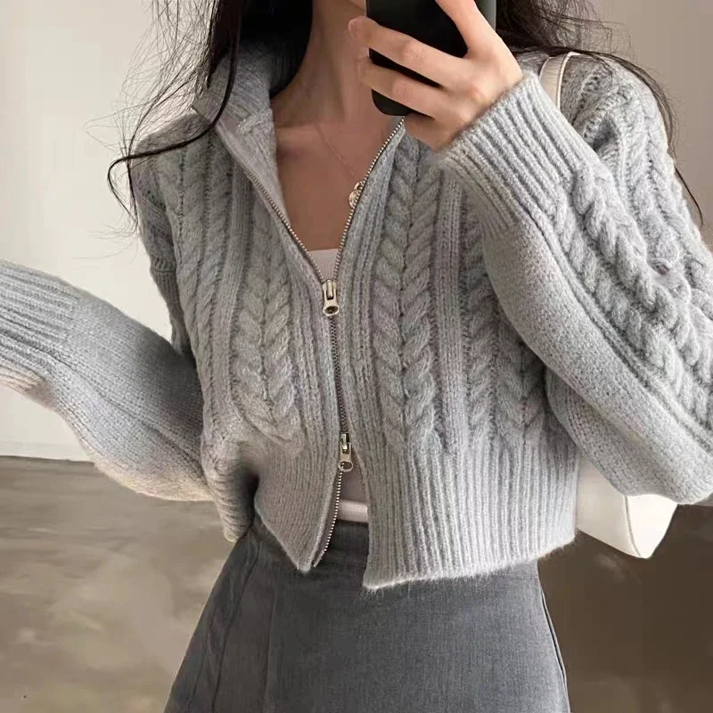 New Cardigan Double Zipper Women Sweaters Loose Short Coat Long Sleeve Elegant Fall Knitted Top Autumn Winter Casual Knitwear