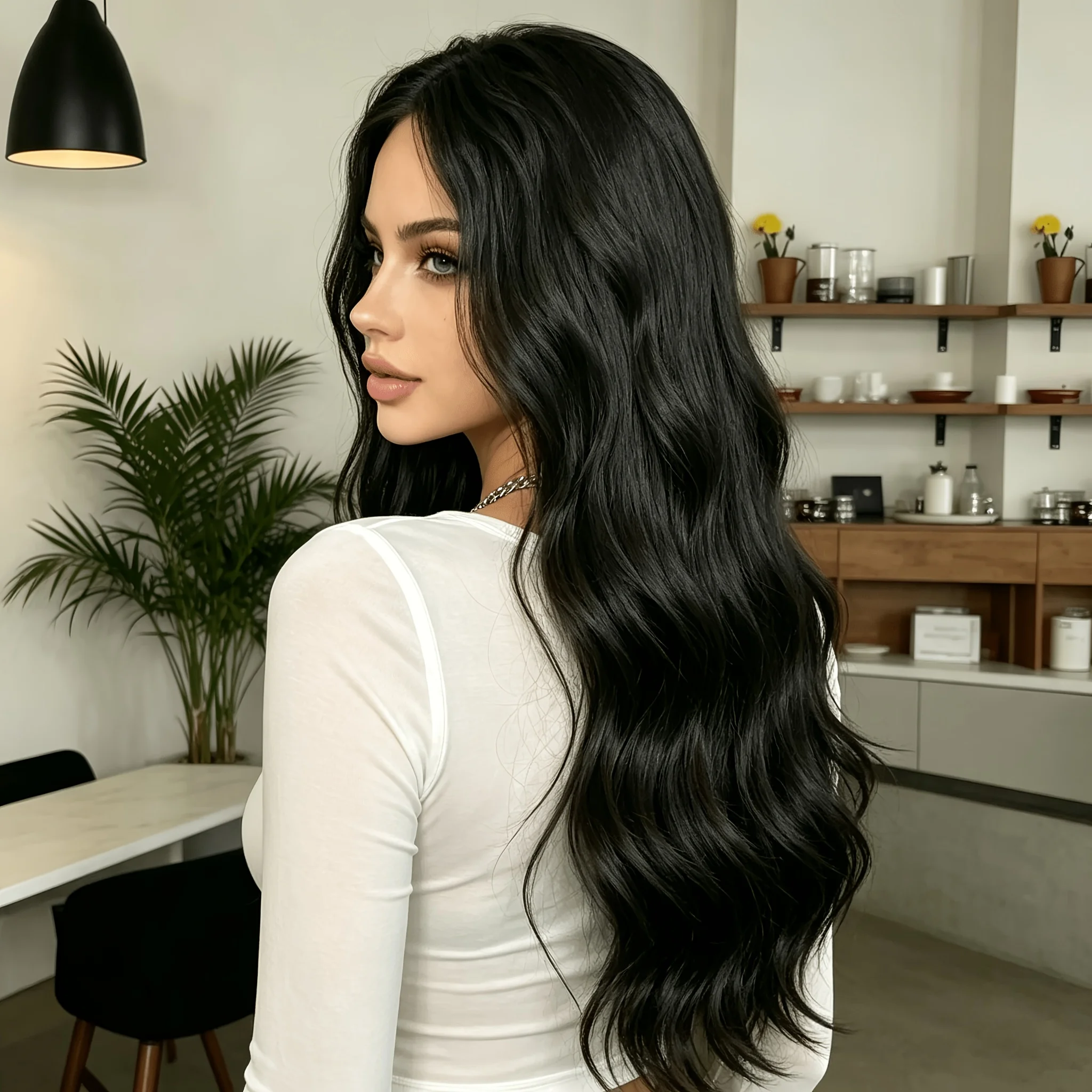 24 inches 60 cm natural black long curly hair women's wig, medium wavy curly hair natural seam