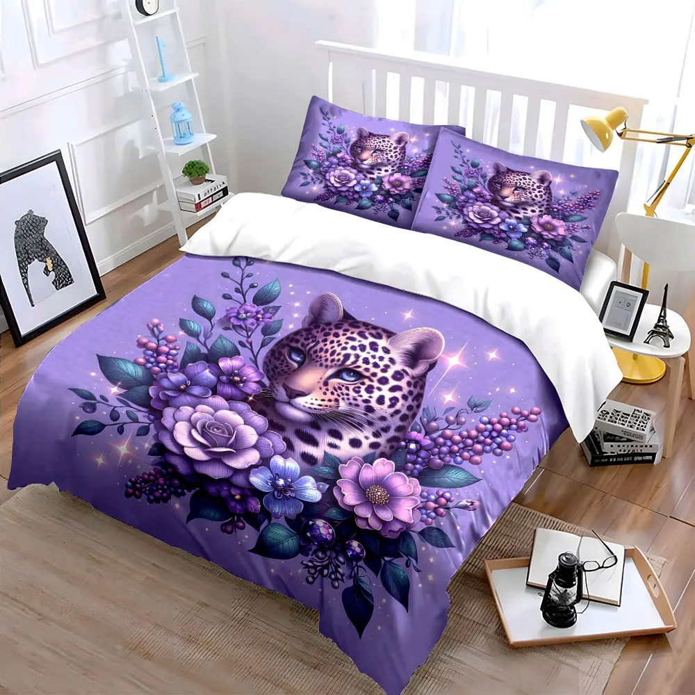 Leopard surrounded by purple flowers Bedding Set for Kids Luxury Gift 3pcs Digital Print Comforter Set Soft Comfortable