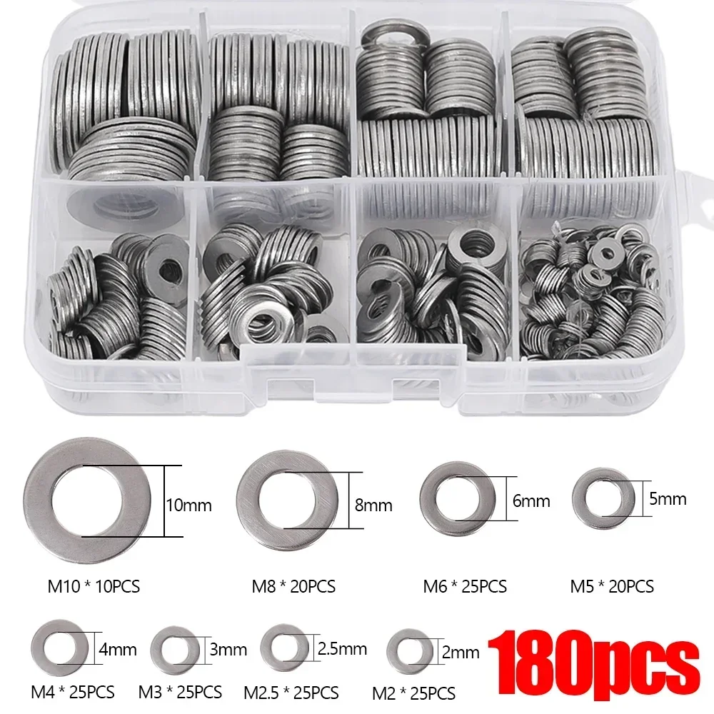 180Pcs Stainless Steel Washer Metal Washers Rings M2 M2.5 M3 M4 M5 M6 M8 M10 Gasket Assortment Kits Ultra Thin Flat Washers