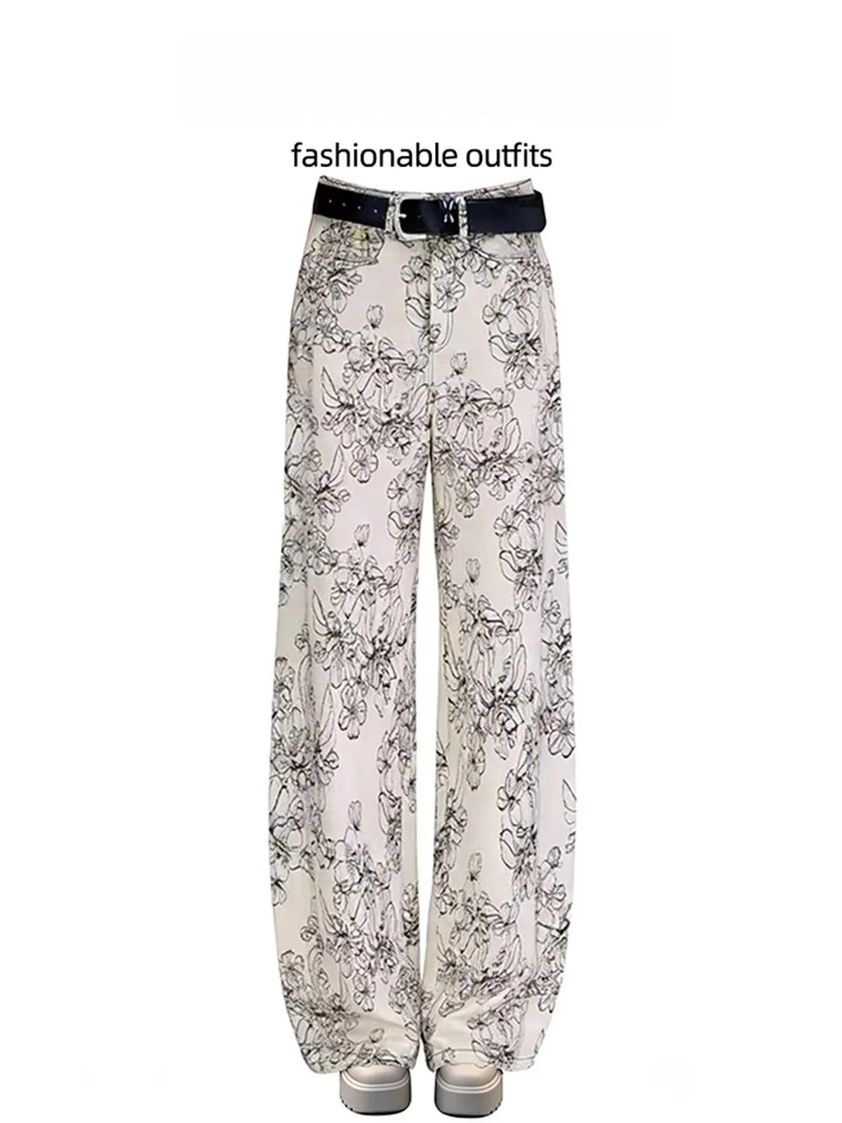 

Ele Floral Print High Waist Jeans Women's Faionable Versatile Light ey Moonlight Denim Pants Winter Season Loose Fit