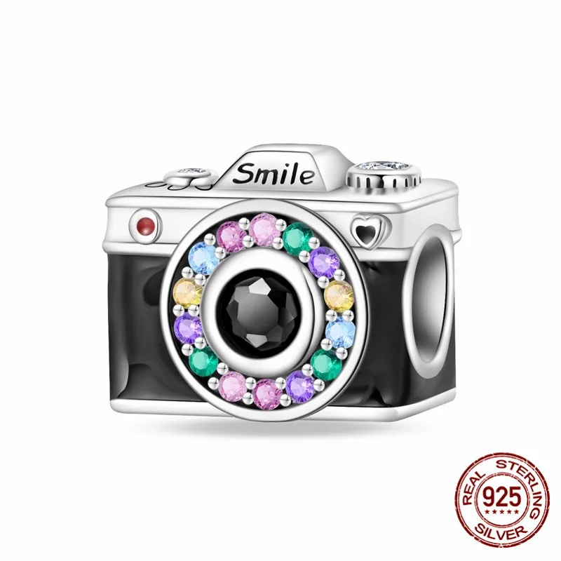 

925 Sterling Silver Beaded Camera Pendant Inlaid with Zircon Suitable for Original Bracelet Designs DIY Women's Jewelry Gifts