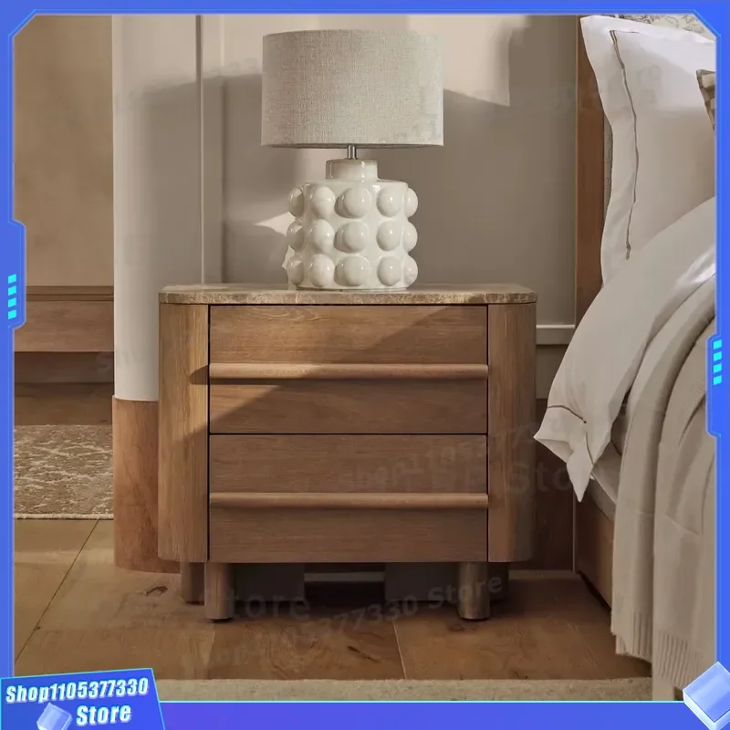 Mid Century Modern Solid Wood Nightstand with Natural Stone Top and 2 Drawers Rustic Farmhouse Bedroom Side Table Storage