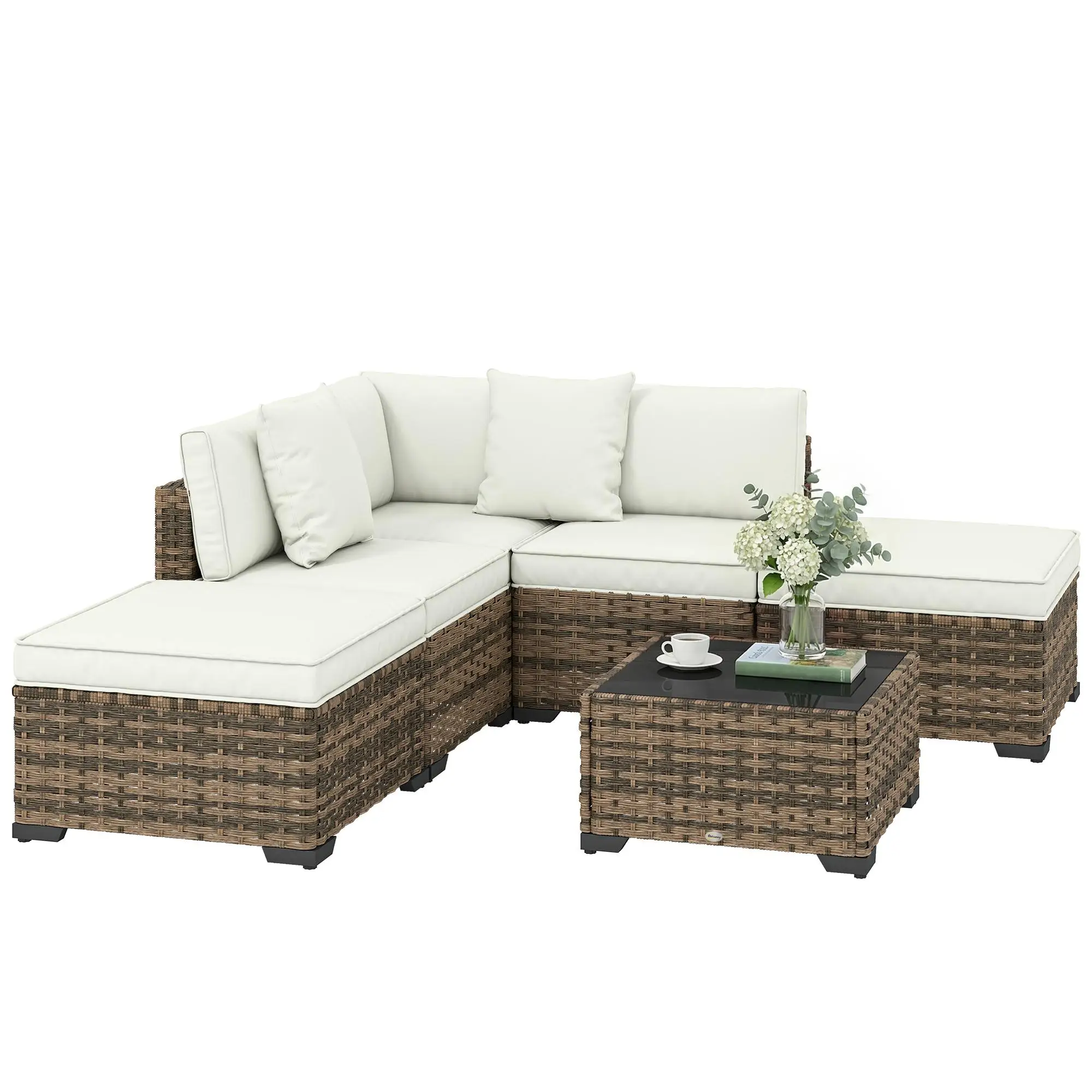 Ensemble de canapé de jardin Outsunny 6 pièces en rotin PE, canapé d'angle, deux chaises et table, couleur crème