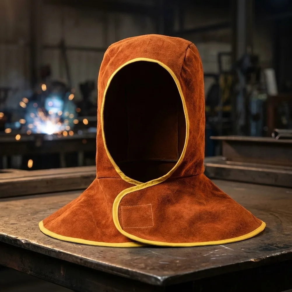 Welding Hood for Welder Cap Built with Cowhide Leather and Extended Neck Shoulder Drape for Full Body Flame Protection