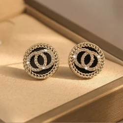 Black Enamel Crystal Double Round Circles Stud Earring for Women Korean Style Sweet Simple Jewelry Brincos Wholesale Girl Gift