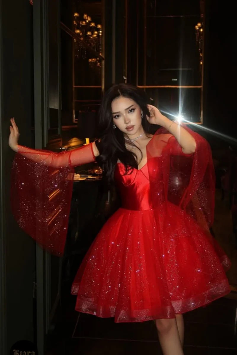 Jessica Sweet Red Evening Dresses shimmering tulle Prom Dresses Princess off-shoulder mini short style Party Dresses