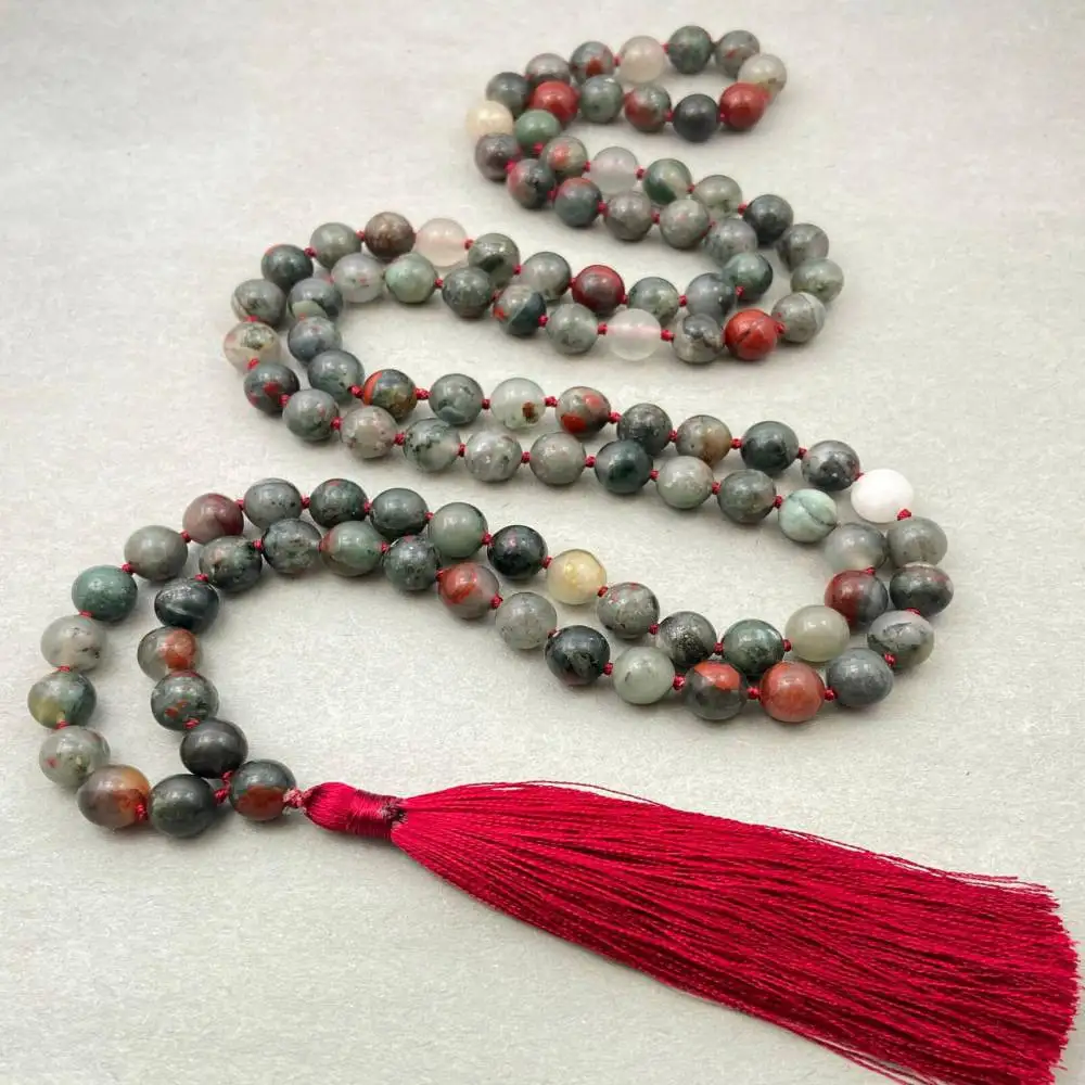 

Natural Bloodstone (Green Jasper) 108 Beads Mala Necklace with Mixed Gemstone Accent Red Tassel Spiritual Jewelry