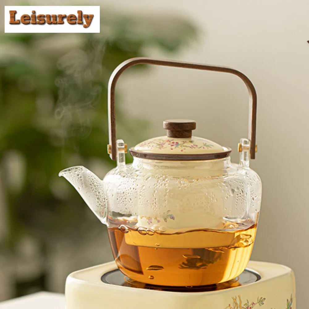 

1000ml Ru Kiln Wisteria Flower Glass Teapot Lifting Beam Pot Electric Stove Tea Cooking Kettle Flower Tea Boiling Water Cha Pot