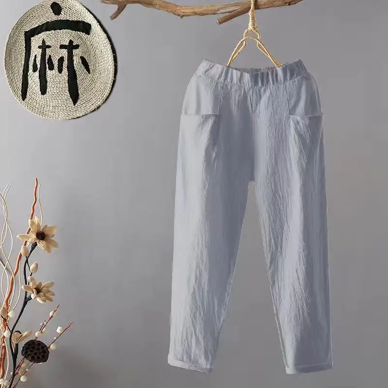 Plones de pierna recta de lino y aodón de cintura alta para mujer, plones finos de verano, nuevos, hoados, adea...