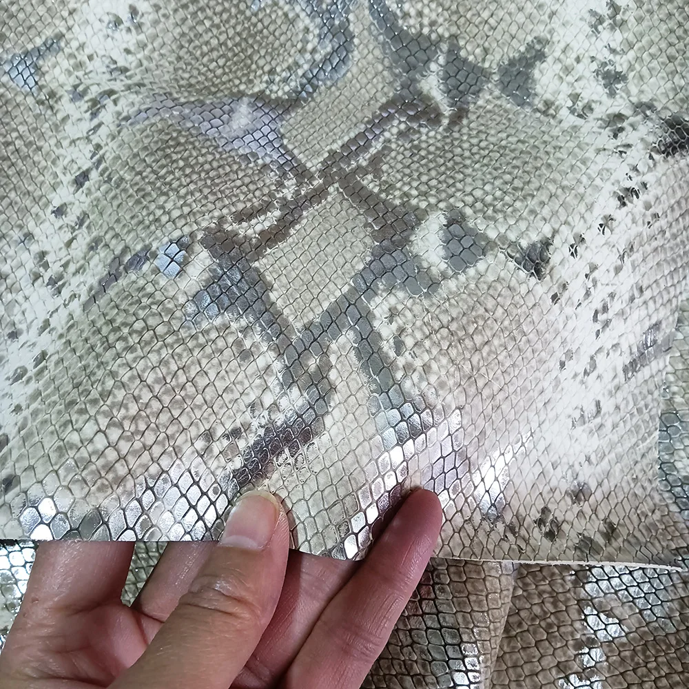 Top Layer Cow Leather Chrome Tanned Leather, Head Layer Cowhide Leather, DIY Hand Leather, Grey and White Python Pattern