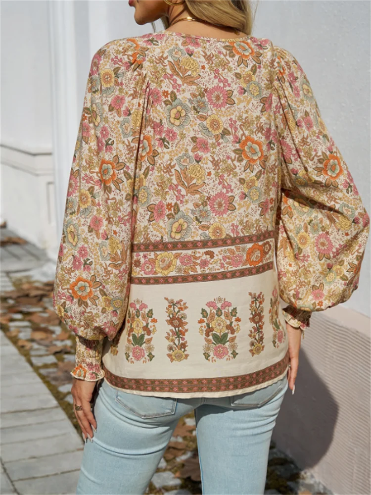Bohemian Blouse Women Shirt Lace Up Top Spring Autumn Blouses Long Sleeve Pullover Cotton Printed Tie Blous Loose Casual Shirt