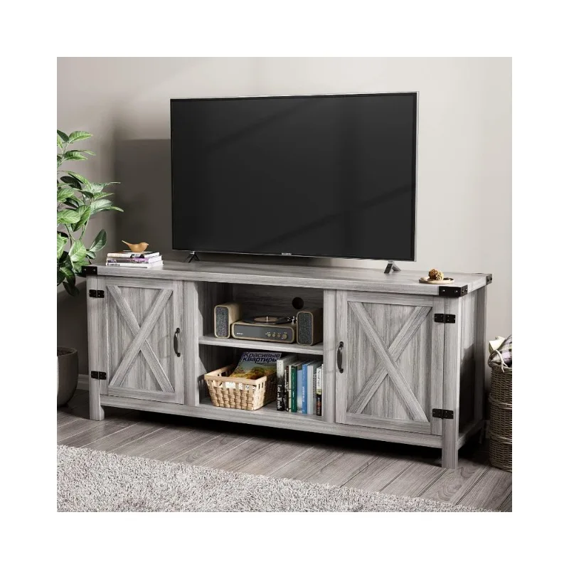 

Modern Farmhouse TV Stand with Two Barn Doors and Storage Cabinets for Televisions up to 65+ Inch