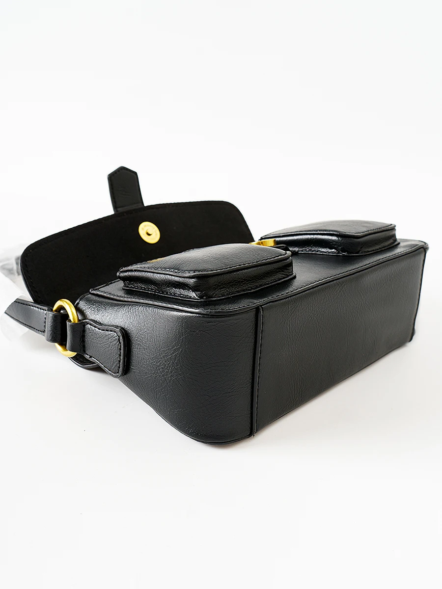 New Black One-shoulder Underarm Bag Female Chic Belt Buckle Double Front Pocket Bag For Women Vintage Fashion Handbag