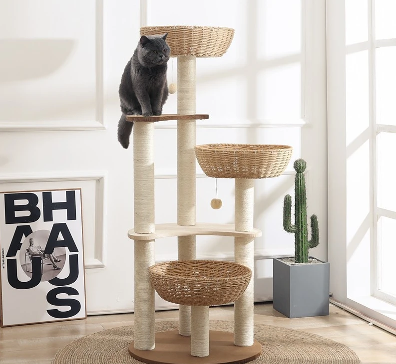 Big Cat Tree Tower Scratching Board Woven Nest Rattan House Bed Condo Outdoor Basket Toy Pillar Hammock Home Wooden Supplies Pet