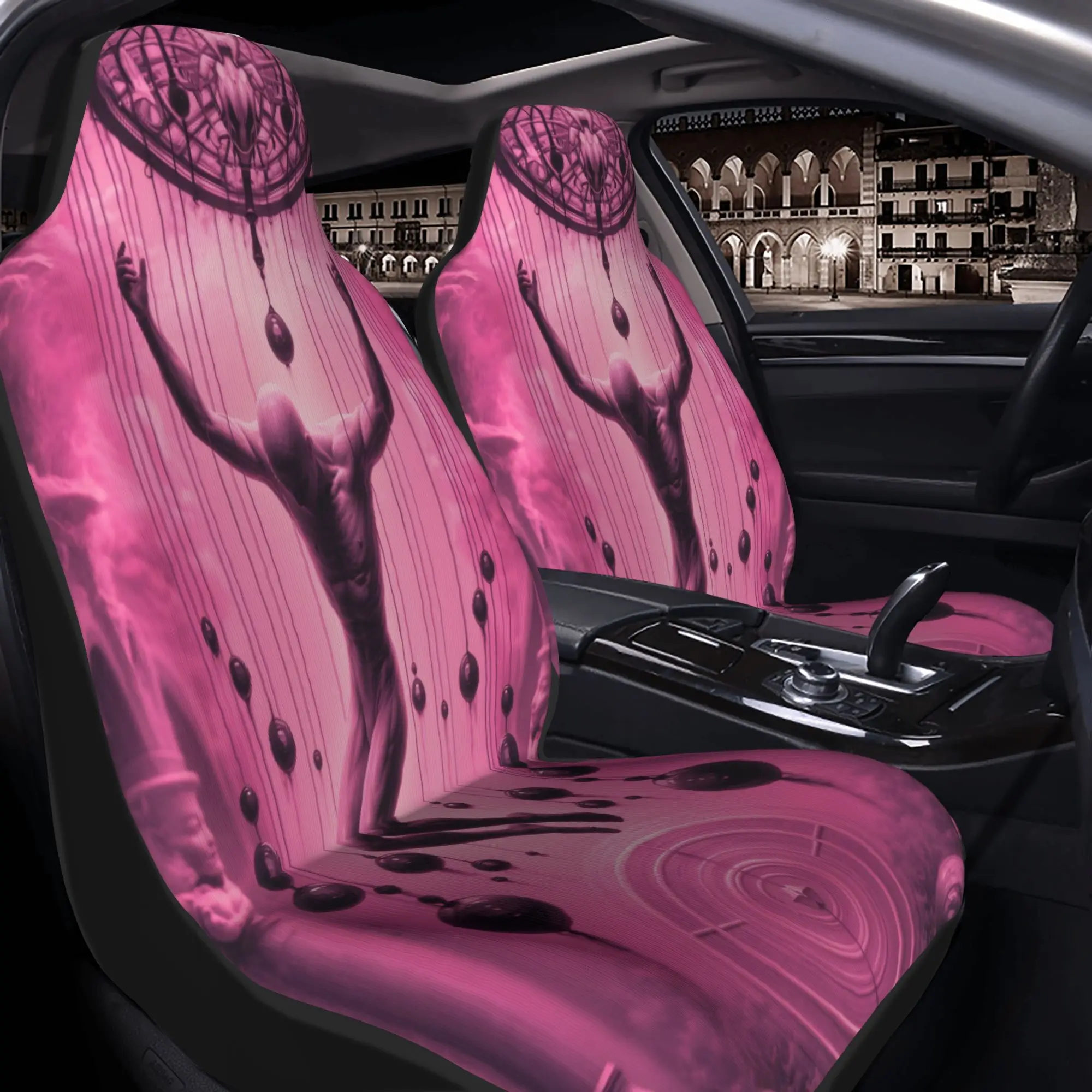 2pcs Ethereal Human Figure Suspended By Hanging Spheres In Surreal Pink VoidCar Seat Covers, Suitable For All Vehicles, Christma