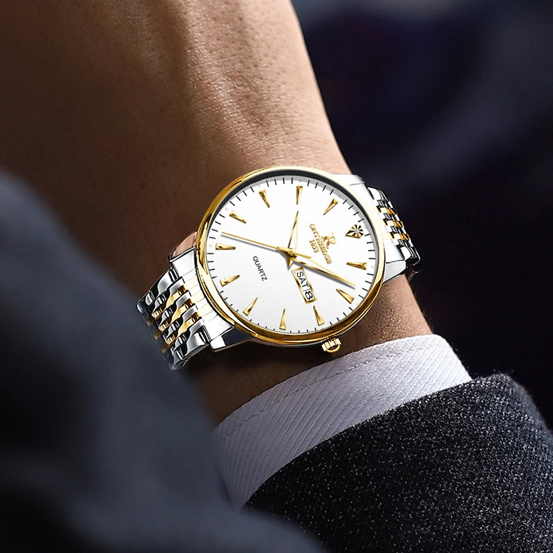 남성용 럭셔리 손목 시계, 방수 발광 주간 날짜 시계, 스테인레스 스틸, 석영 시계, 남성용 패션