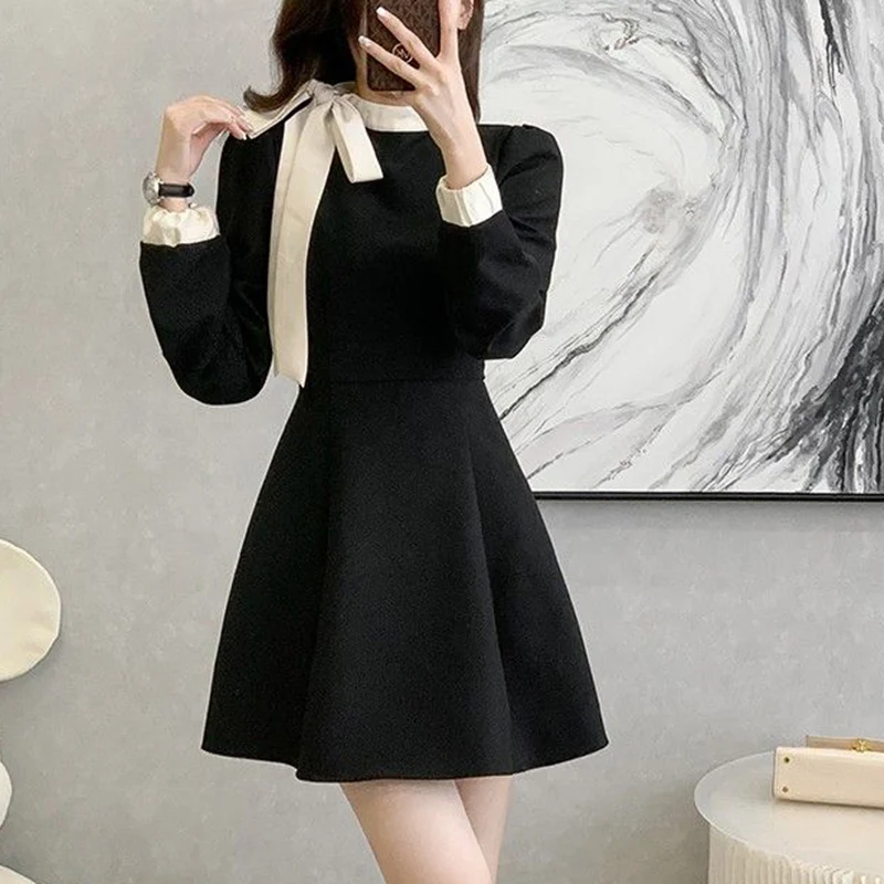 2024 Hot Sale Women Chic Elegant Formal Occasion Mid-Length Dress Autumn Lady Korean Style Designer Bowknots Long Sleeves Dress