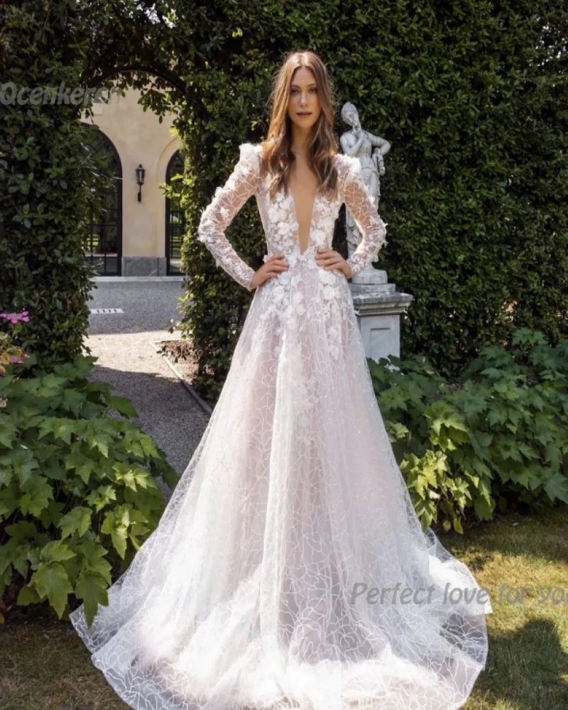 

Qcenkeren A-Line Wedding Dress 2024 For Women V-Neckline Bodice Elegant Lace Appliques Backless Vestido de Noiva Bridal Gown