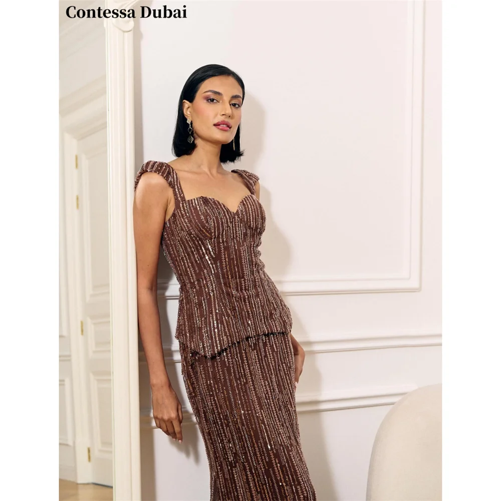 Contessa Custom Brown Sweetheart Evening Dress Two-Piece Beaded Prom Dresses Sequins Vestidos De Noche Mermaid Formal Evening