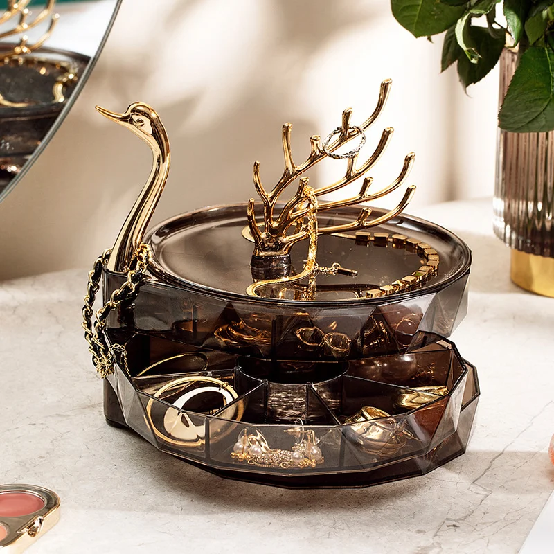 Swan 3-layer Rotating Jewelry Box Transparent Dustproof Large Capacity Earrings Bracelet Necklace Desktop Display Storage Box