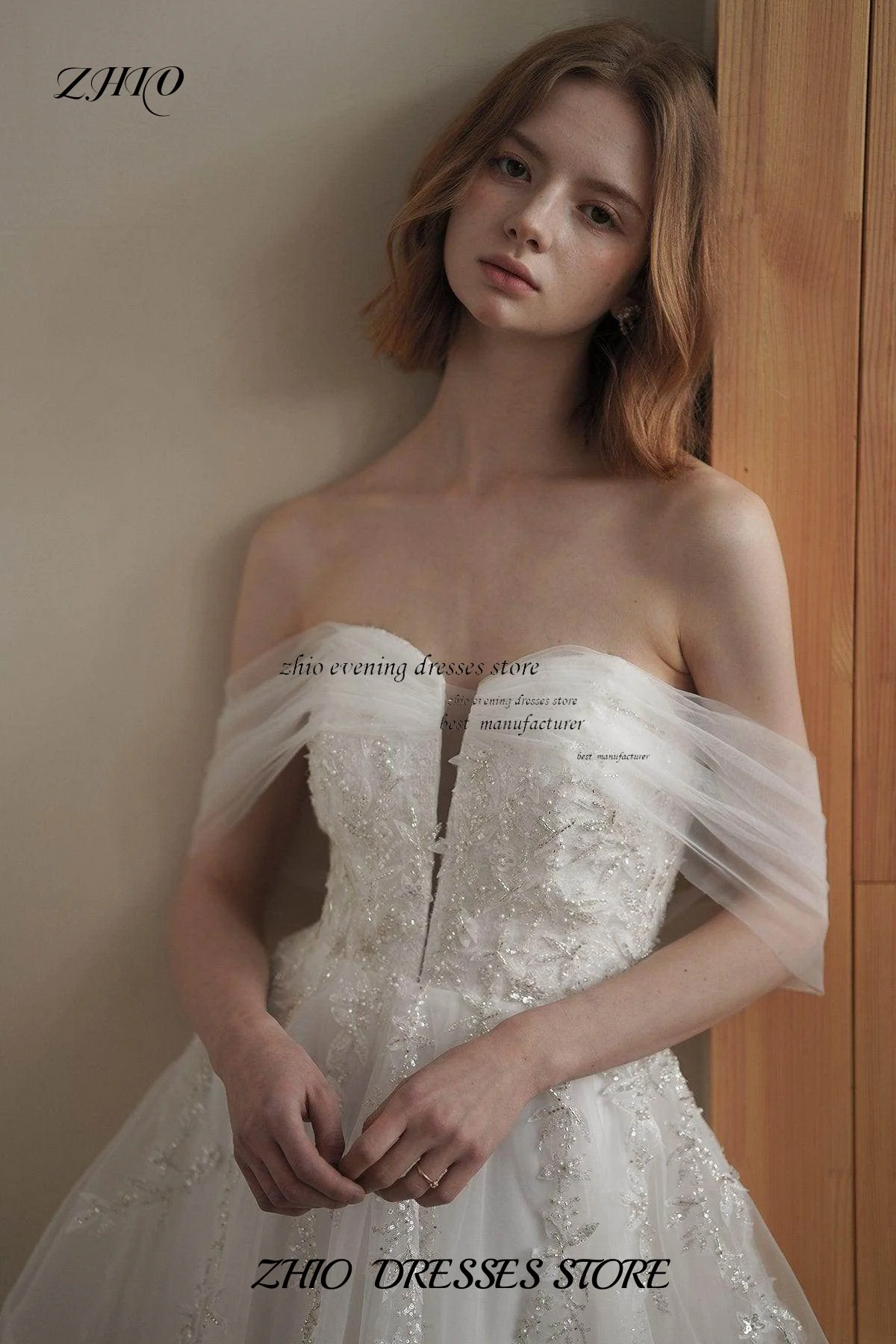 ZHIO Индивидуальные милые тюлевые свадебные платья для женщин, невесты в стиле бохо, трапециевидной формы, большие размеры, с открытыми плечами, кружевное свадебное пляжное платье