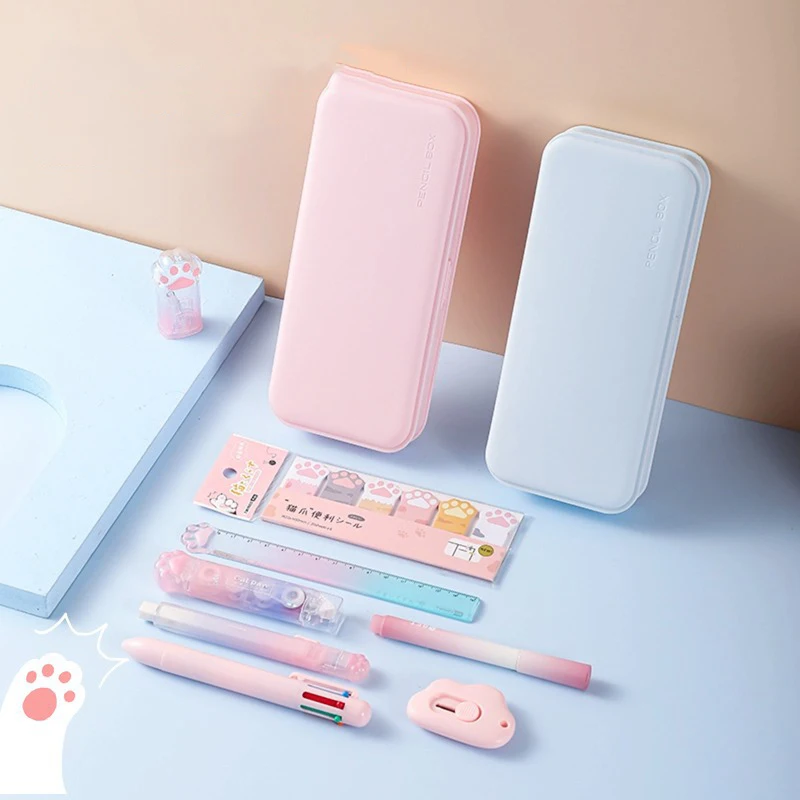 9pcs Cat'S Paw Stationery Set Ruler Pencil Sharpeners Utility Knife 6-Color Ballpoint Pen Sticky Note Student  School Supplies