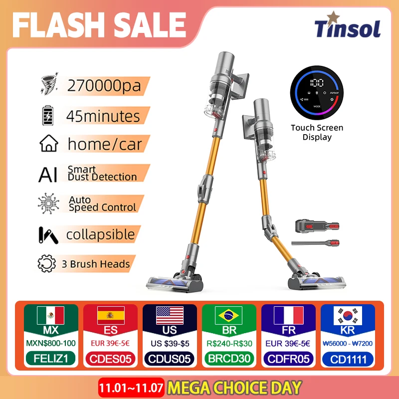 

Tinsol VC101 Cordless Handheld Vacuum Cleaner Intelligent Dust Sensor 27000PA Strong Suction for Home Carpet Hair Cleaning