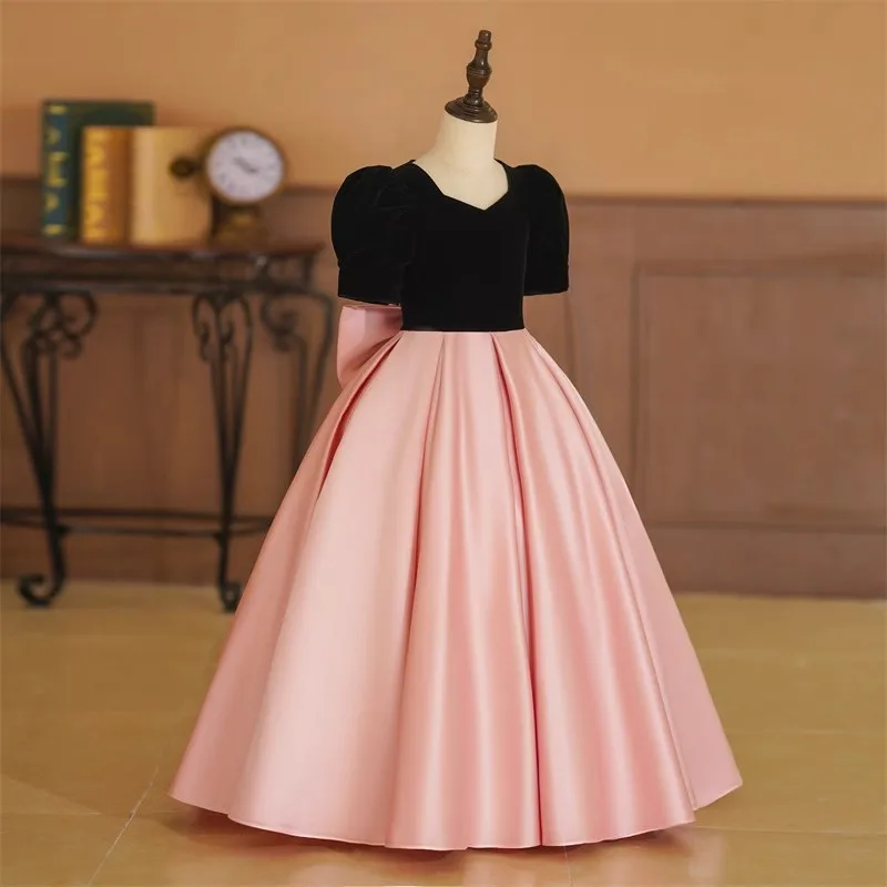 

Girls' Bubble Sleeve Dress2025New Satin Simple Birthday Princess Dress Piano Host Stage Performance Costume