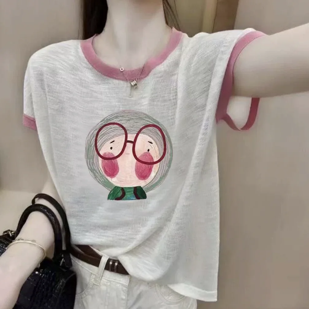 Outlet Summer Ice Silk ort Sve T-irt Women's Faion round Ne Thin Printed Top Cool Sensation Loose Fit Regular Length