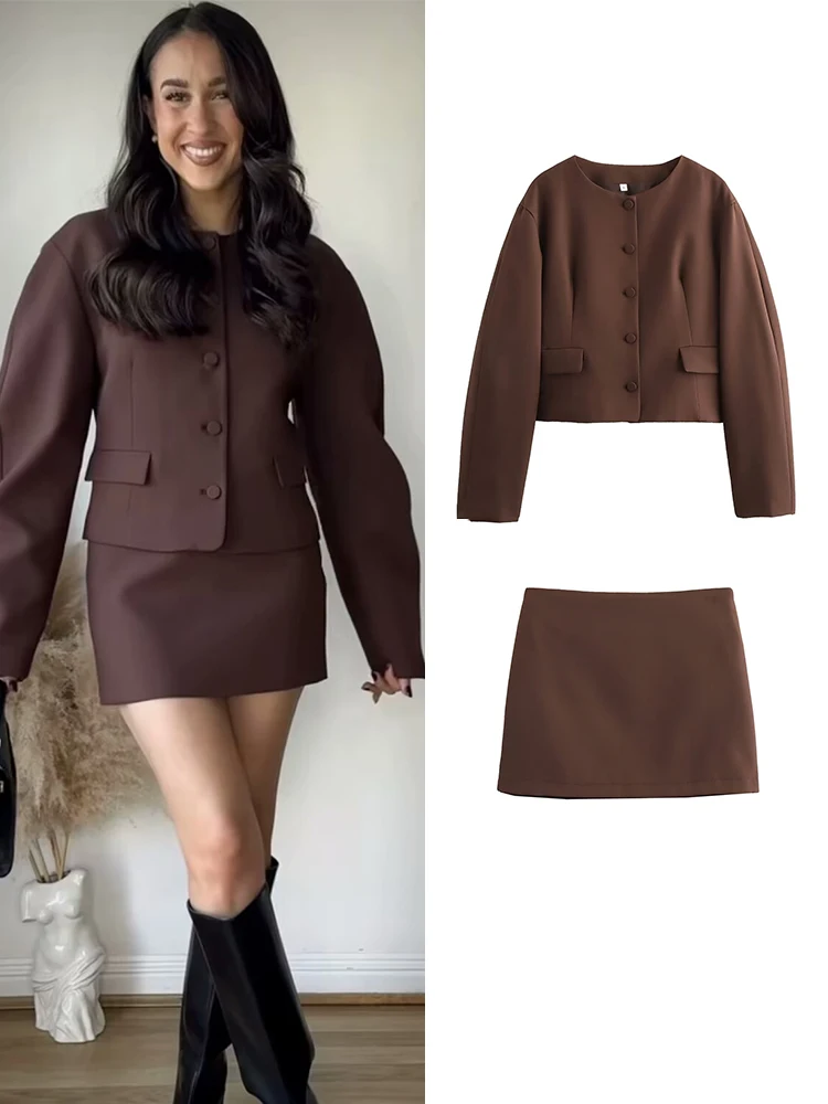 TRAF 2024 New Fashion Mini Skirt Sets For Women 2 Pieces Single Breasted Jacket Women Suit Casual 2 Piece Set Women Outfit