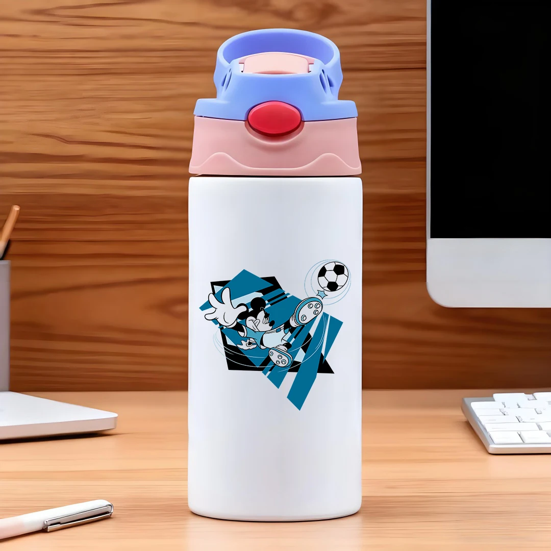 

Disney Mickey Mouse cartoon soccer shoes focused expression while kicking dark geometric background 304 stainless steel