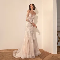 Jiayigong Champagne Bride Dresses for Women Back Zipper with Buttons Illusion Long Sleeves Lace Tulle Mermaid Wedding Dress Boho