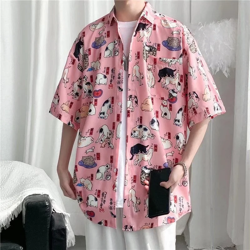 Harajuku Zomer Heren Losse Cartoon Dieren Print Graffiti Korte Mouw Hip Hop Bf Stijl Veelzijdige Aloha Tops Shirts