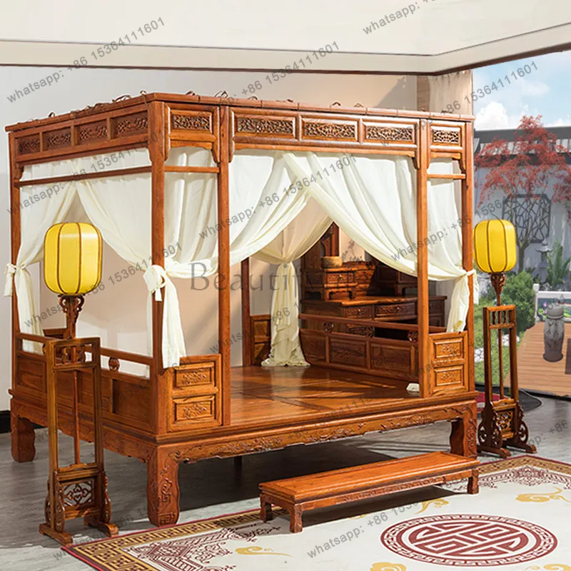 Solid wood step bed Chinese furniture double classical carved shelf bed
