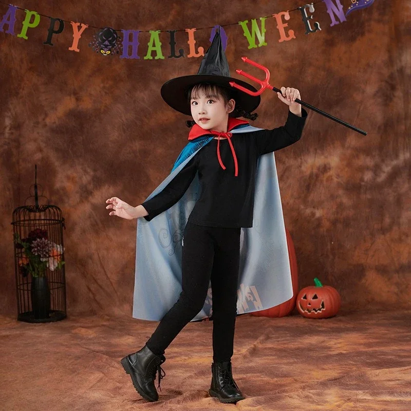 Halloween Kids Cloak Costume Set Witch Wizard Cape with 3D Print and Hat for Dress Up Party Performance