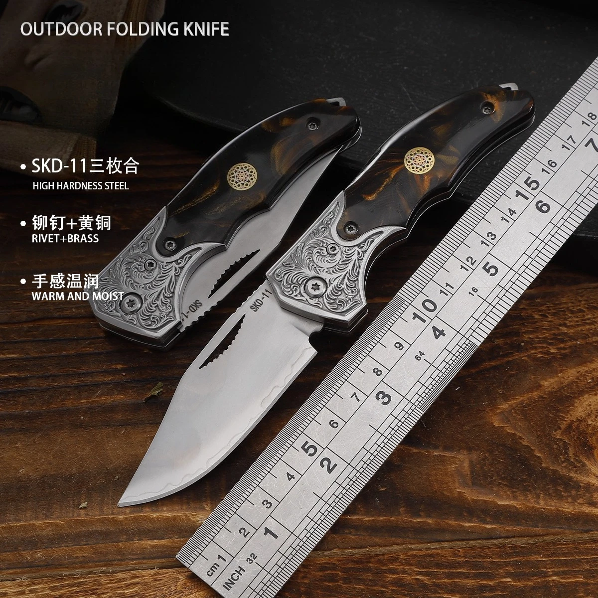 سكين جيب محمول قابل للطي مصنوع من الفولاذ ثلاثة في واحد ومقبض من الراتنج أداة قطع محمولة خارجية هدية بدون قفل