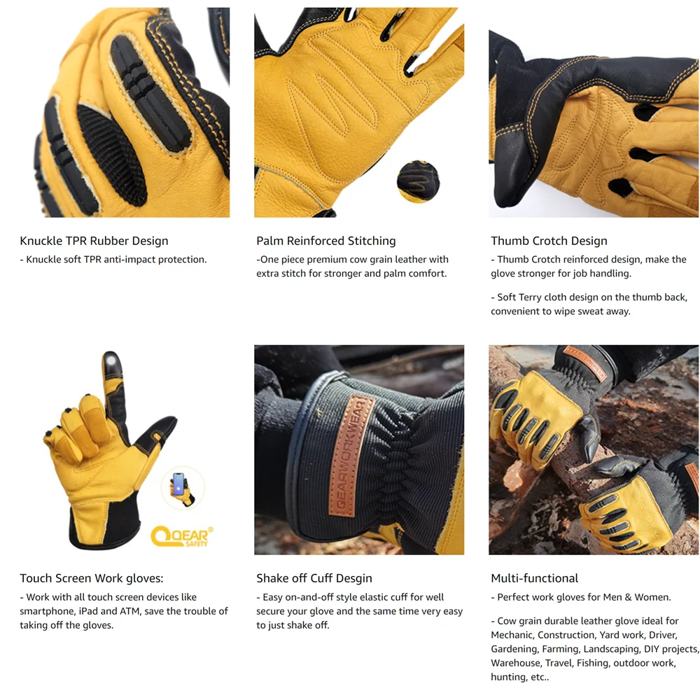 QEARSAFETY Cowhide Leather Mechanic Work Safety Gloves, Multi-Function, Knuckle TPR Rubber Anti-Impact