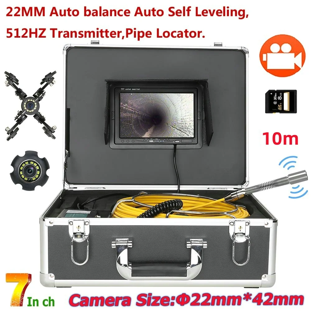 512Hz Sewer Pipe 7 Inch Auto Self-Leveling 10M DVR IP68 Waterproof Drain Endoscope Cam
