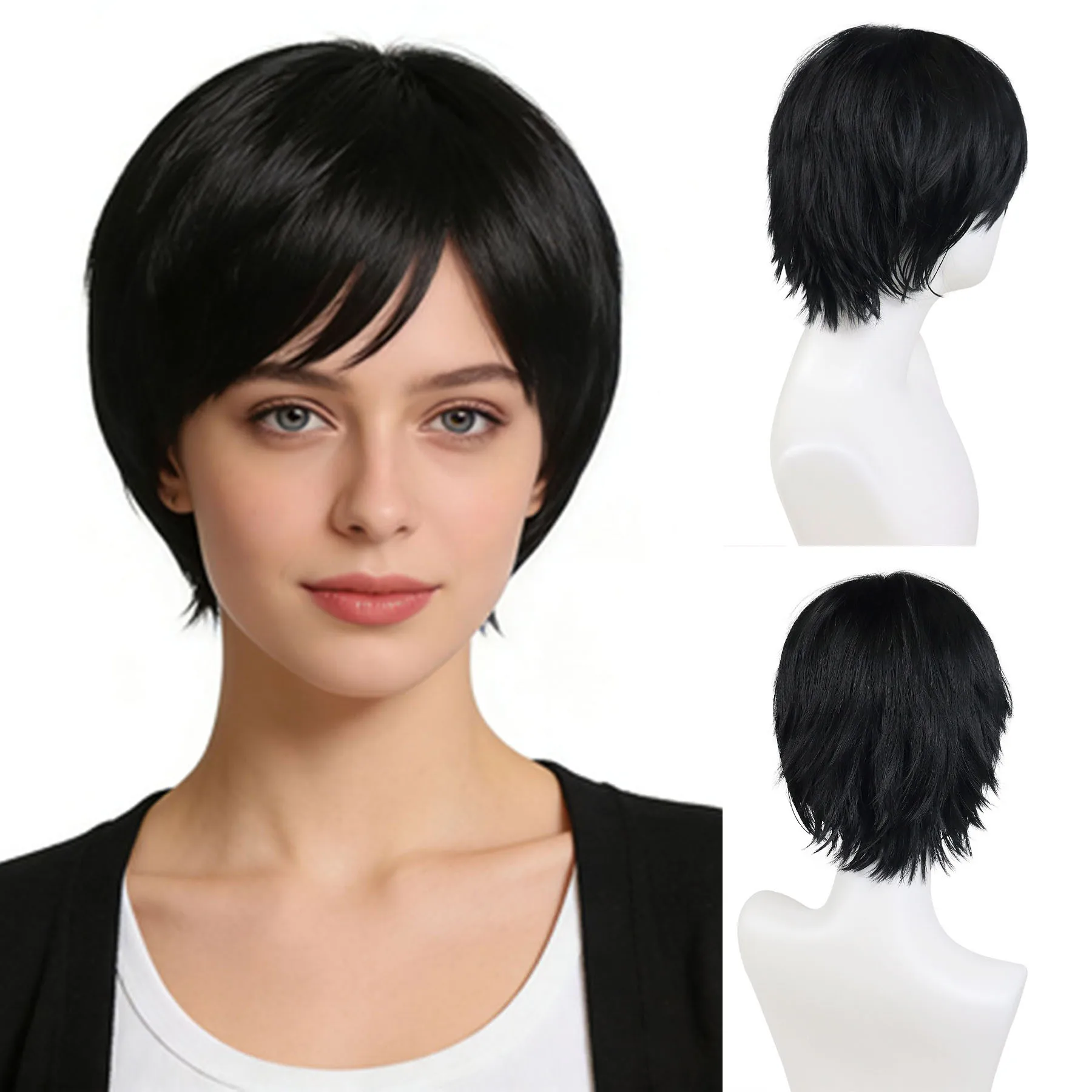 

Синтетический короткий черный парик с челкой для женщин, для повседневной носки, парик для пациенток, термостойкий, мягкий, для замены волос, для аниме-косплея