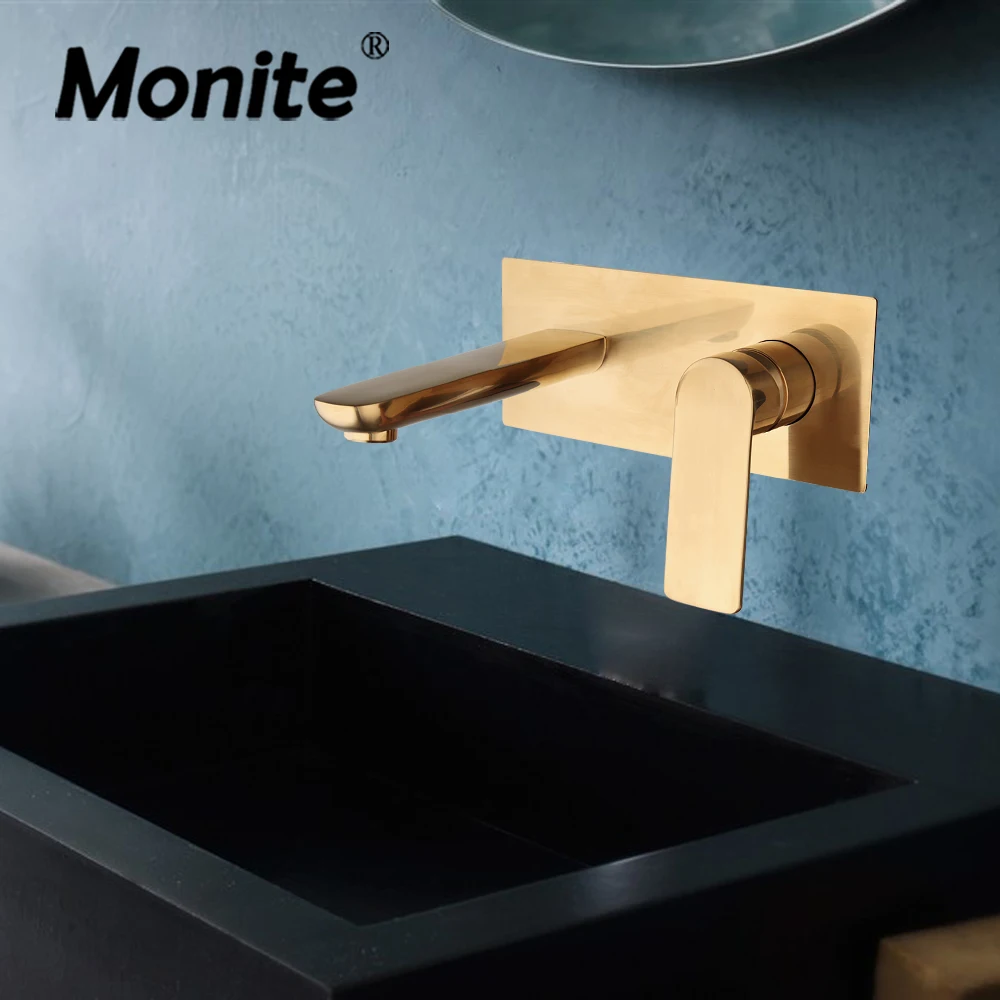 

Monite Brushed Gold Bathroom Bathtub Faucet Waterfall Basin Mixer Tap Solid Brass Wall Mounted Bathtub Wash Sink Mixer Faucet